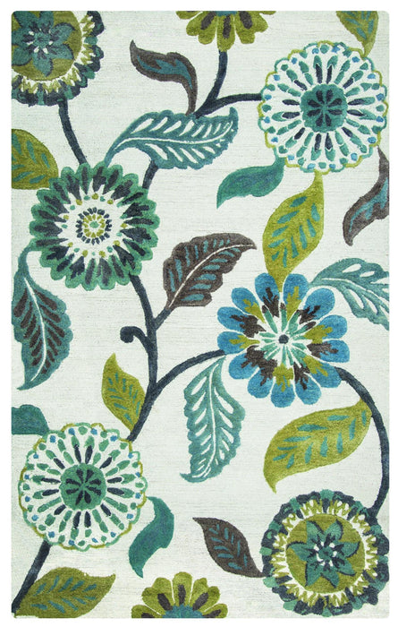 10' X 14' Wool Floral Hand Tufted Area Rug (747301) - Ivory / Brown / Blue / Teal / Green