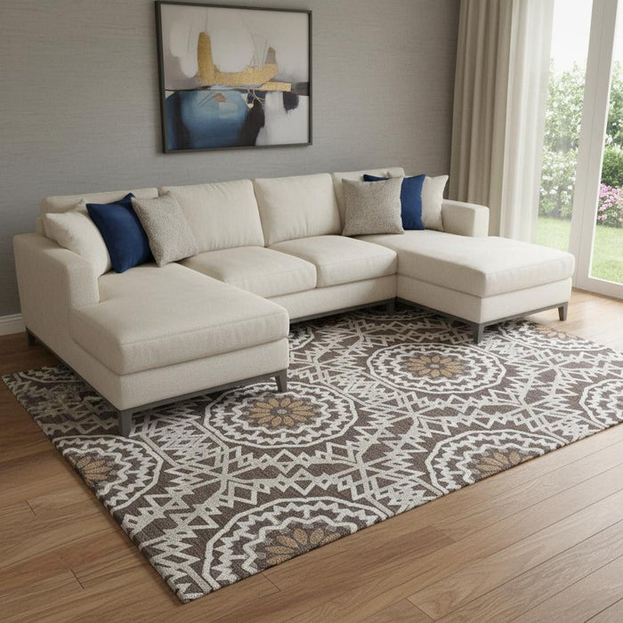 10' X 14' Geometric Washable Area Rug With UV Protection (652215) - Chocolate / Ivory