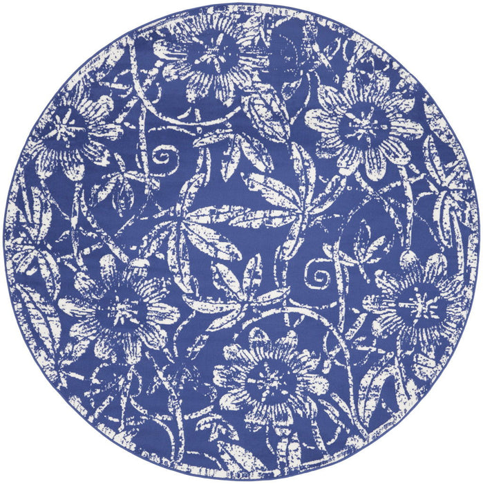5' Floral Distressed Round Rug (552419) - Blue / White