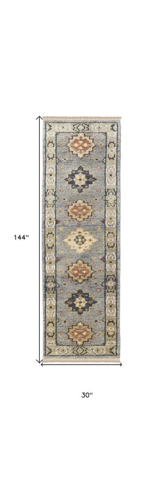 12' Wool Geometric Hand Knotted Runner Rug With Fringe - Gray Blue And Taupe