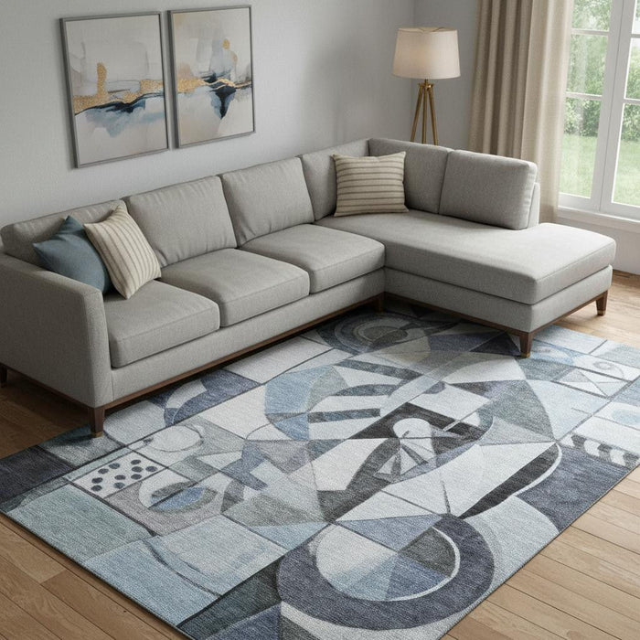 10' X 14' Abstract Washable Area Rug With UV Protection (700397) - Denim Blue / Ivory / Gray