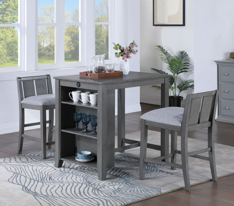 Giga Graham 3-piece small space counter height dining table set with shelves and two chairs, ideal for compact dining areas.