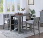 Giga Graham 3-piece small space counter height dining table set with shelves and two chairs, ideal for compact dining areas.