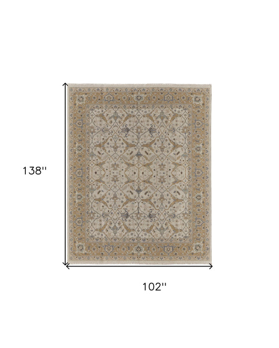 8' x 12' Wool Oriental Hand Knotted Area Rug With Fringe - Ivory Gray And Tan