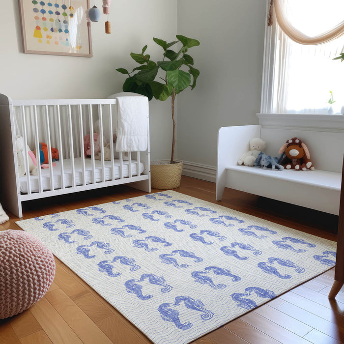 9' X 12' Coastal Geometric Washable Area Rug With UV Protection - Blue And Ivory