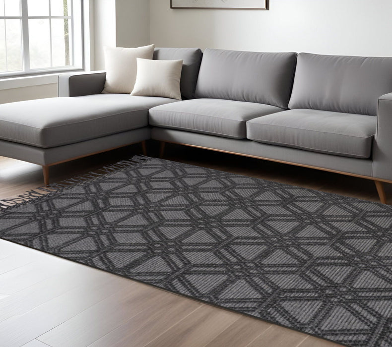8' x 10' Wool Geometric Hand Woven Area Rug With Fringe - Black And Gray