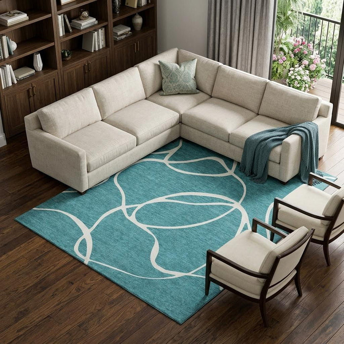 10' X 14' Abstract Washable Area Rug With UV Protection (678688) - Teal / Ivory