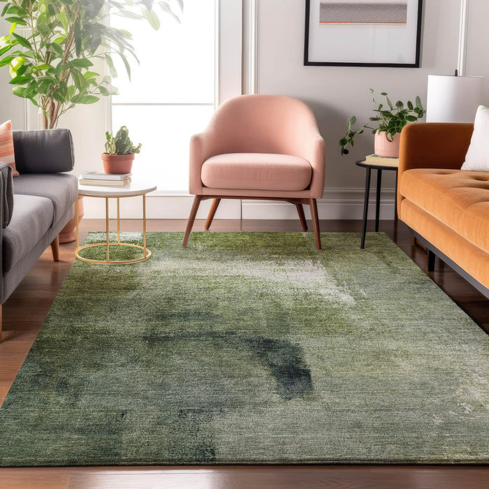 10' X 14' Abstract Washable Area Rug Polyester With UV Protection - Green And Ivory