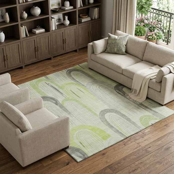 10' X 14' Geometric Washable Area Rug With UV Protection (694592) - Artichoke Green / Gray / Silver