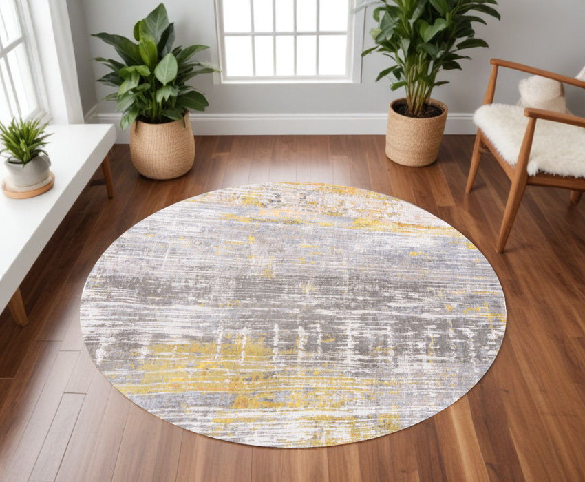 7' x 7' Round Abstract Non Skid Area Rug - Gray And Yellow