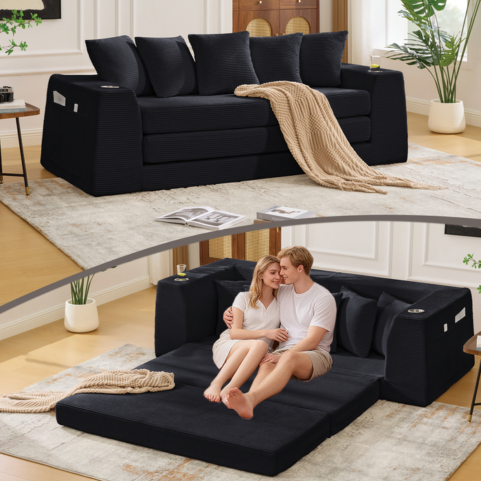 [NEW ARRIVED] [VIDEO PROVIDED]82.25' Convertible Sofa Bed,Loveseat Sleeper Sofa,2 in 1 Sofa, Corduroy Pull Out Sofa Bed,5 Pillows , Side Pocket,No Assembly, Two Cup Holders,Wide Armrest,3 Seat,Black