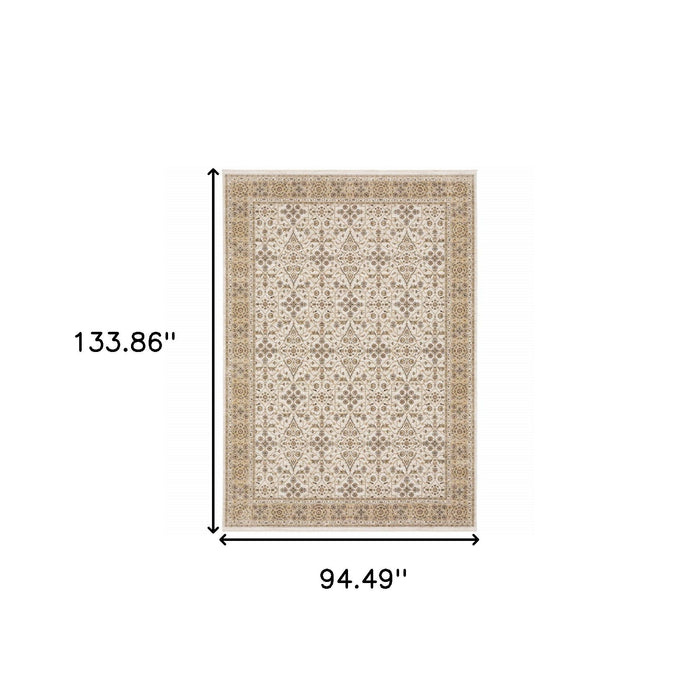 8' x 11' Oriental Power Loom Stain Resistant Polyester Area Rug With Fringe - Ivory And Gold