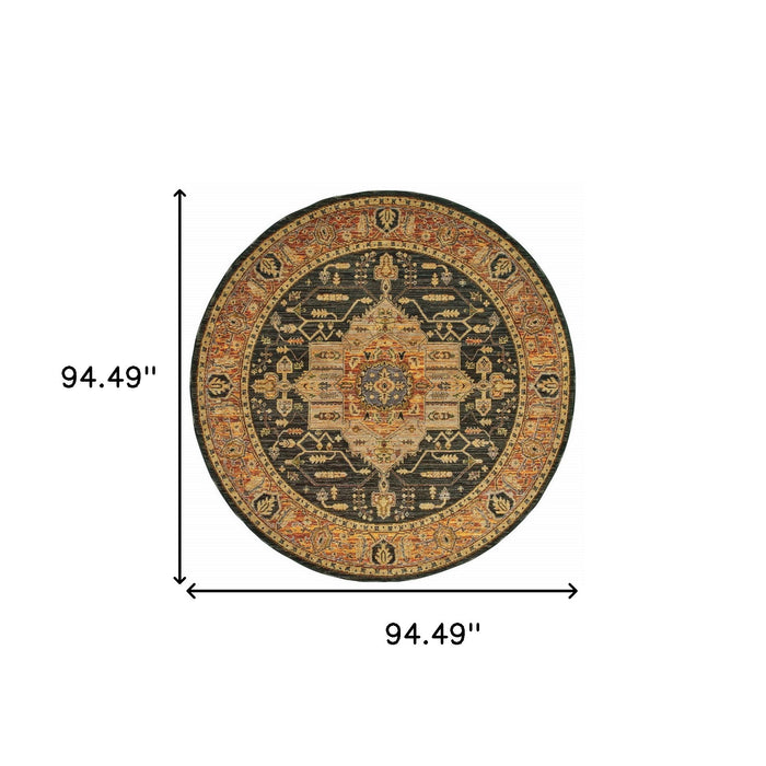 8' Round Oriental Power Loom Area Rug - Black And Gold