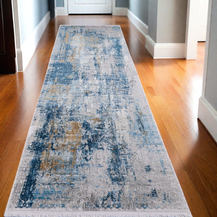 10' Abstract Power Loom Runner Rug With Fringe - Blue