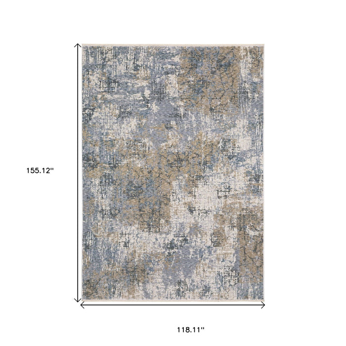 10' X 13' Abstract Distressed Area Rug With Fringe - Beige And Blue