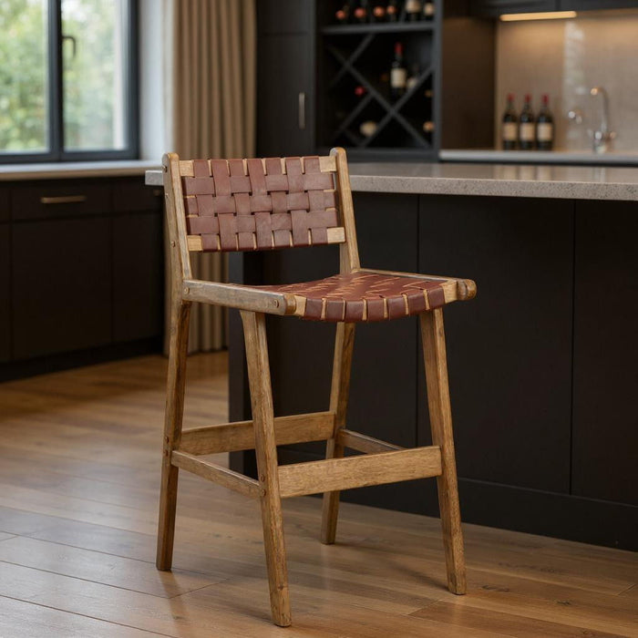 Leather And Solid Wood Low Back Bar Height Bar Chair - Brown
