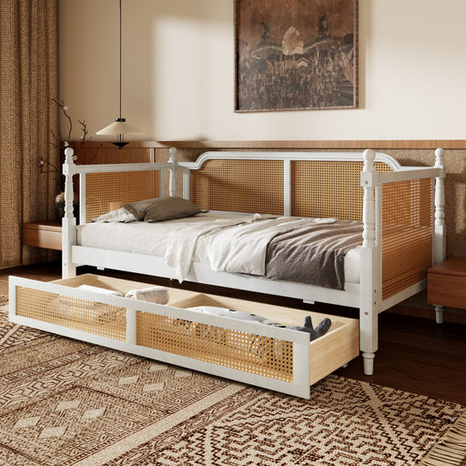 Giga traditional style rattan daybed with storage drawers, no box spring needed, showcasing natural woven rattan frame and cozy design.