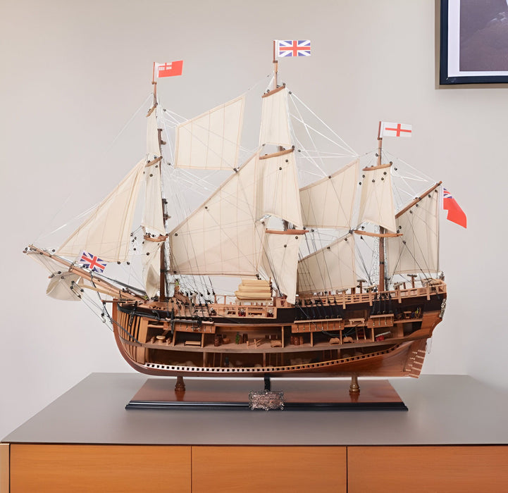 Hand Painted HMS Endeavour 1768 Open Hull Model Boat - Brown