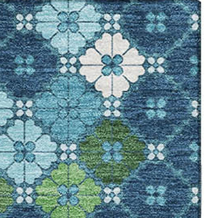 10' X 14' Geometric Washable Area Rug With UV Protection (705317) - Navy Blue / Ivory / Green