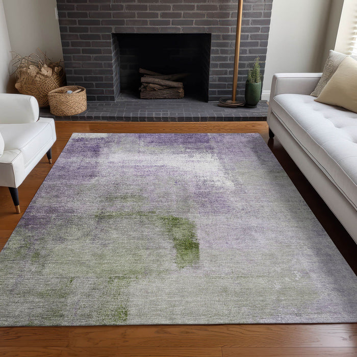 9' X 12' Abstract Washable Area Rug With UV Protection - Purple And Green