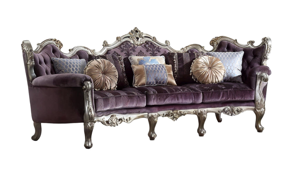 Dark purple velvet curved striped sofa with platinum legs and matching toss pillows, modern stationary sofa by HomeRoots.