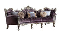 Dark purple velvet curved striped sofa with platinum legs and matching toss pillows, modern stationary sofa by HomeRoots.