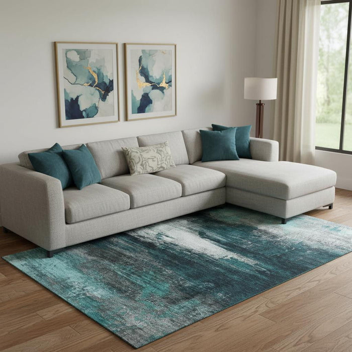 10' X 14' Abstract Washable Area Rug With UV Protection (714709) - Teal / Gray