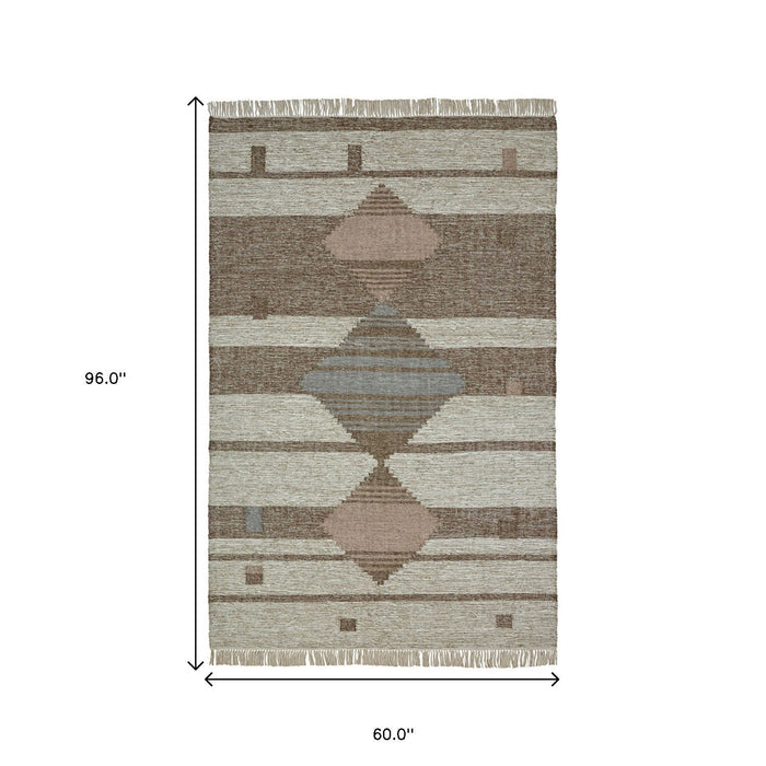 5' x 8' Geometric Flatweave Handmade Area Rug With Fringe - Gray