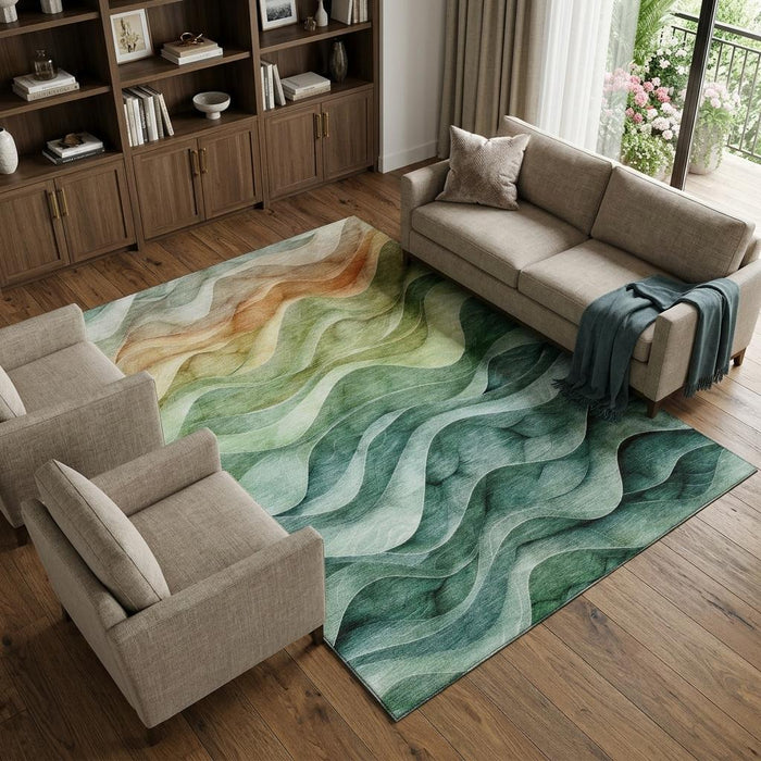 10' X 14' Abstract Washable Area Rug With UV Protection (692472) - Teal / Peach / Lime Green