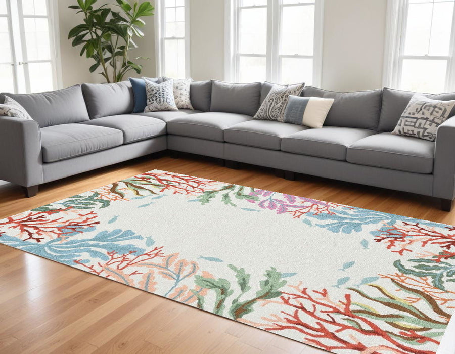8' x 10' Hand Hooked Bordered Coral Reef Indoor Area Rug - Ivory