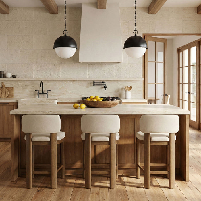 Set of two Meridian Furniture Paloma faux leather counter stools with brown frames, upholstered seats and backrests.