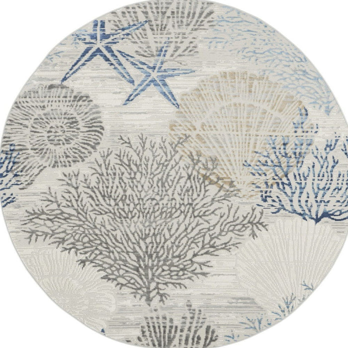 5' Seashell Non Skid Round Rug (550096) - Ivory / Blue / Gray