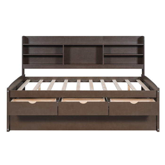 Giga Captain Bed with built-in bookshelves, three storage drawers, and a pull-out trundle for versatile sleeping and storage.