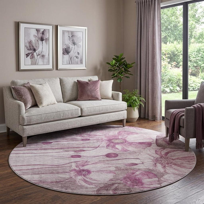 8' Floral Washable Round Rug With UV Protection (657308) - Plum / Ivory