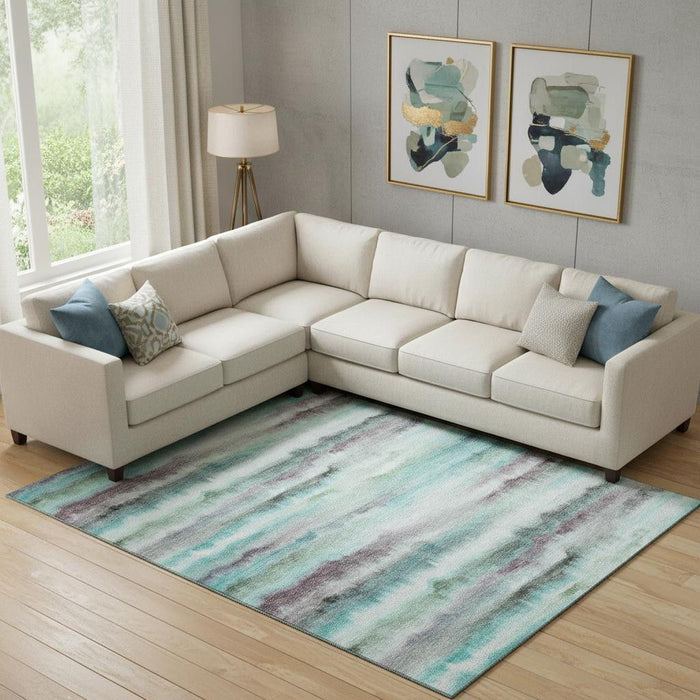 10' X 14' Striped Washable Area Rug With UV Protection (717755) - Teal / Ivory