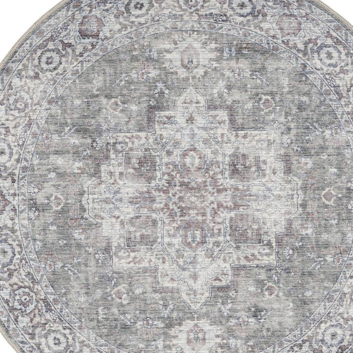8' Floral Power Loom Worn Faded Round Rug (573548) - Gray