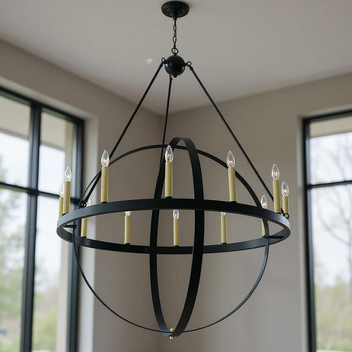 Black and gold 56-inch candle style twelve-light metal chandelier with dimmable features, designed by HomeRoots.