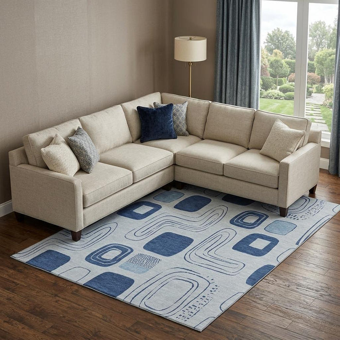 10' X 14' Geometric Washable Area Rug With UV Protection (696644) - Blue / Sky Blue / Ivory