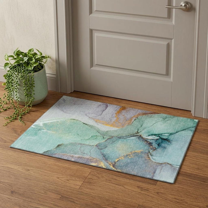 3' X 5' Abstract Washable Area Rug With UV Protection (646841) - Teal / Gold / Ivory