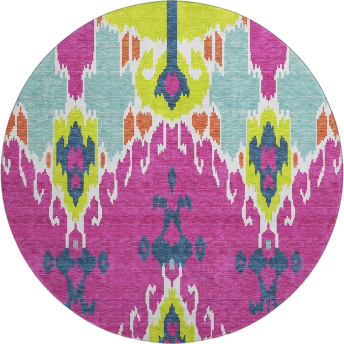 8' Ikat Washable Round Rug With UV Protection - Pink