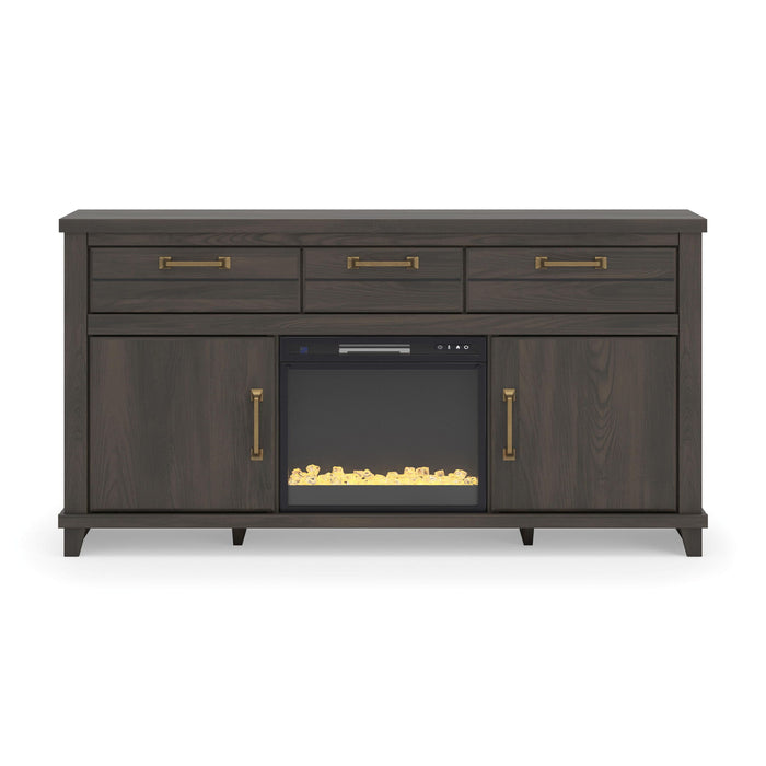 Signature Design by Ashley Brazen Valley TV stand with fireplace option, showcasing a modern wood finish and spacious storage compartments.