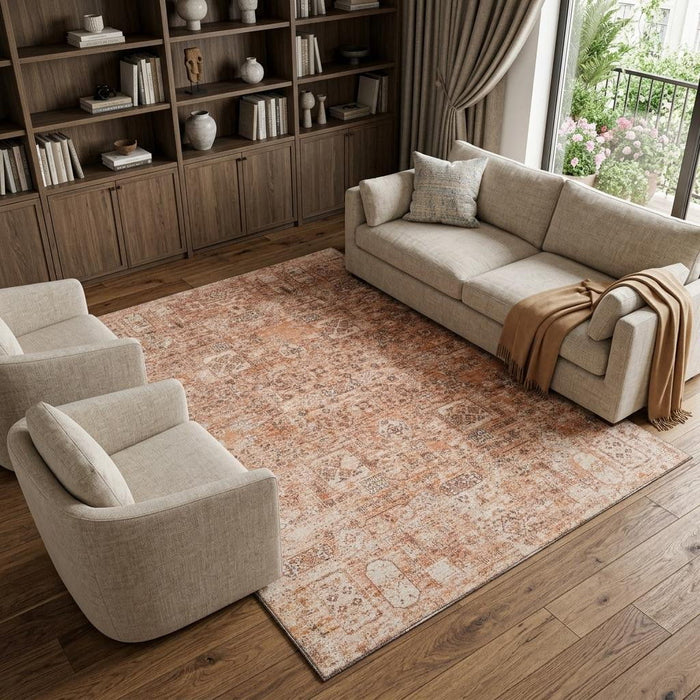 10' X 14' Floral Washable Area Rug With UV Protection (651214) - Salmon / Gray / Ivory