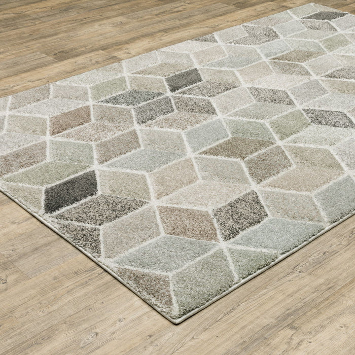 10' x 13' Geometric Power Loom Stain Resistant Area Rug - Beige Brown Gray Tan Sage And Pale Blue