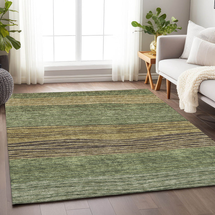 9' X 12' Striped Washable Area Rug With UV Protection - Olive Green