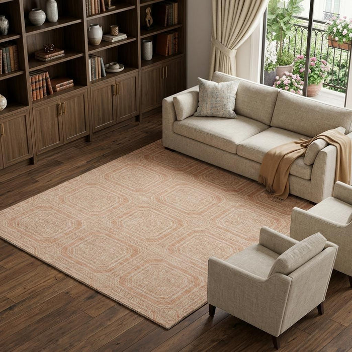 10' X 14' Geometric Washable Area Rug With UV Protection (693822) - Peach / Ivory
