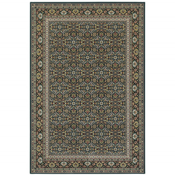 8' x 11' Oriental Power Loom Stain Resistant Area Rug - Navy Blue Green Red Ivory And Yellow