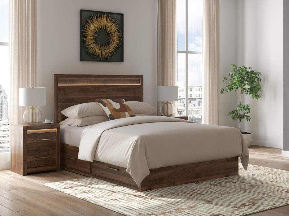 Signature Design by Ashley Janfyn Panel Storage Bed with built-in drawers and modern wood finish, showcasing a stylish bedroom centerpiece.
