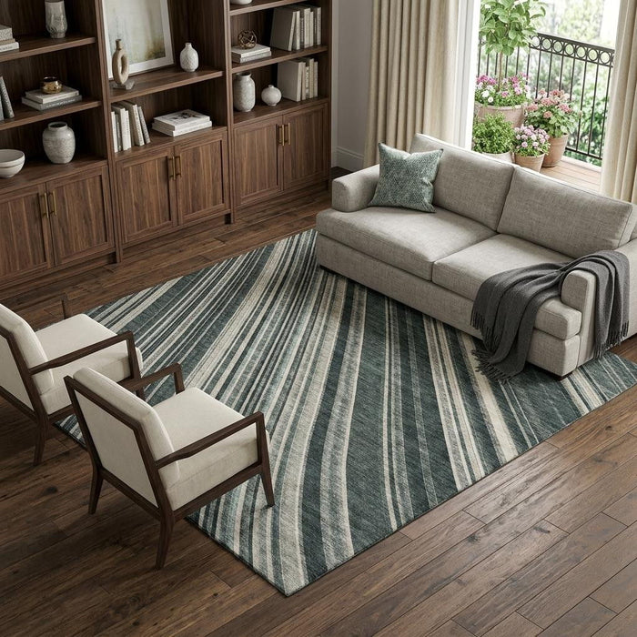 10' X 14' Striped Washable Area Rug With UV Protection (677459) - Black / Gray / Ivory