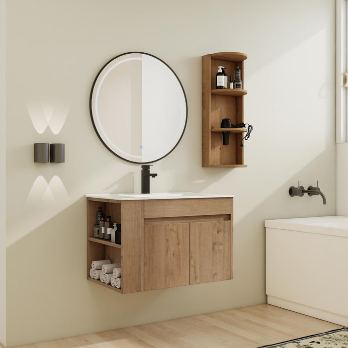 Modern Giga wall-mounted bathroom vanity with sink, storage rack, soft-close doors, and imitative oak plywood finish.