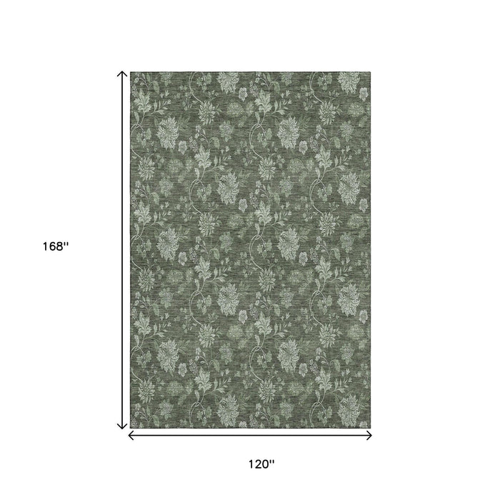 10' X 14' Floral Washable Area Rug With UV Protection (655932) - Olive Green / Gray